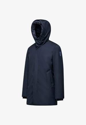 Navy blue parka with a hood, made of smooth, water-resistant fabric. Features a hidden front closure and side pockets, minimalistic design.