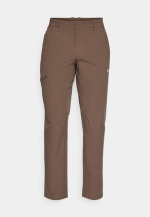 Braune, dehnbare Stoffhosen mit geradem Schnitt, mit Reißverschlusstasche am linken Oberschenkel und Logodetail auf der rechten Seite.