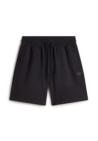 Shorts noirs décontractés avec taille élastique, cordon de serrage, poches latérales et une petite étiquette logo rectangulaire sur le côté gauche.