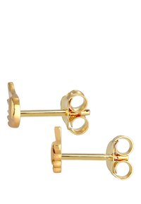 Pendientes de botón en tono dorado que presentan un diseño floral en relieve con una textura suave. Las varillas tienen respaldos redondos para un uso seguro.
