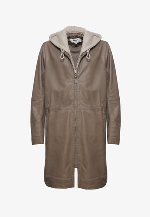 Bruine leren jas met een beige capuchon, voorzien van een voorrits, zijzakken en lange mouwen. Gladde textuur met een relaxte pasvorm.