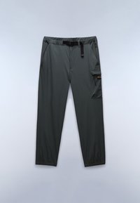 Tmavě šedé lehké kalhoty s elastickým pasem, nastavitelným pásem, bočními kapsami a nákladní kapsou na noze. Hladká textura.