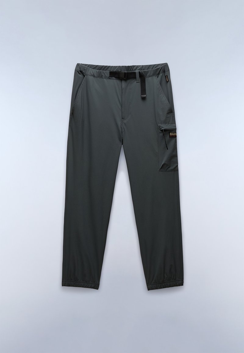 Tmavě šedé lehké kalhoty s elastickým pasem, nastavitelným pásem, bočními kapsami a nákladní kapsou na noze. Hladká textura.