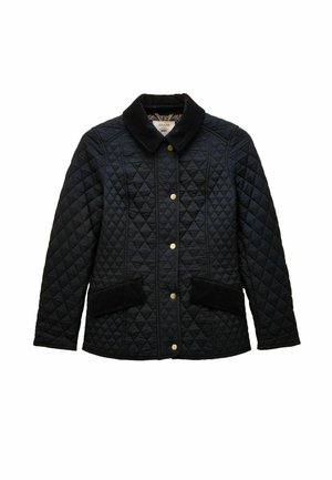 Jachetă neagră din material matlasat cu cusături în formă de diamant, guler din catifea și clape la buzunare, cu nasturi aurii pe toată lungimea frontală.