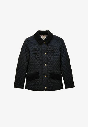 Juodas kilpinis paltas su deimanto siuvinėjimu, korduroy apykakle ir kišenėmis, taip pat aukso snapų mygtukai priekyje.