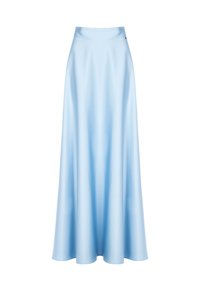 Helles blaues A-Linien-Rock aus glattem Stoff, mit hoher Taille und voller Länge. Dezenter Glanz ohne sichtbare Muster oder Verzierungen.