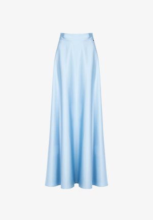 Gonna A-line azzurro chiaro realizzata in tessuto morbido, con vita alta e lunghezza piena. Lieve lucentezza senza motivi o decorazioni visibili.