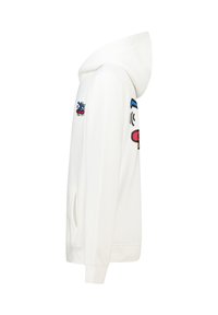 Sweatshirt à capuche blanche en coton, ornée de graphiques brodés colorés à l'avant et sur l'épaule gauche. Comprend une poche kangourou.