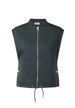 Gilet sans manches de couleur vert foncé en mélange de coton, avec une fermeture éclair à l'avant, un ourlet avec cordon de serrage et deux poches latérales avec boutons-pression.