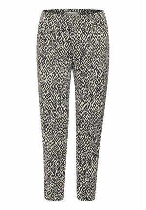 Pantalone s uzorkom u crno-bijeloj boji s dijamantnim dizajnom, uskog kroja, elastičnim pojasom i prednjim džepovima. Izrađeni su od mekog, strukturalnog materijala.