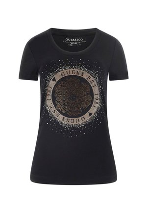 Black t-shirt made of organic cotton with a round neckline. Features a metallic graphic logo design with a floral motif and decorative dots.