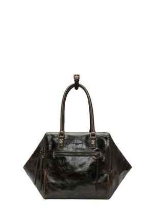 Schwarze Lederhandtasche mit zwei Griffen, vordertasche mit Reißverschluss und geometrischen Seitenerweiterungen, vor weißem Hintergrund präsentiert.