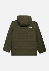 Σκούρο πράσινο καπιτονέ μπουφάν με κουκούλα, μακριά μανίκια και λευκό λογότυπο "The North Face" στο πάνω δεξί μέρος της πλάτης.