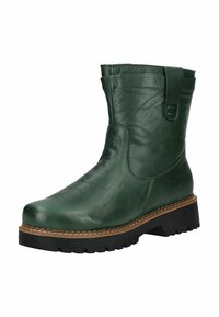 Stivaletto verde in pelle con suola nera tassellata, cuciture a welt marroni e linguetta sul risvolto superiore.