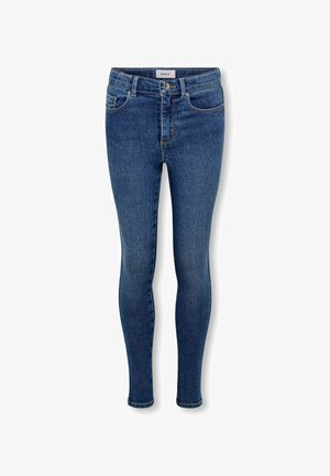 Plave uske traperice s prednjim džepovima, petljama za remen, kopčanjem na dugme i oznakom brenda na struku.