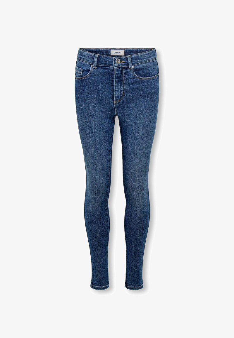 Zilās, šaurā piegriezuma džinsu bikses ar priekšējiem kabatām, jostas cilpām, pogas aizdari un produkta zīmola etiķeti jostas daļā.