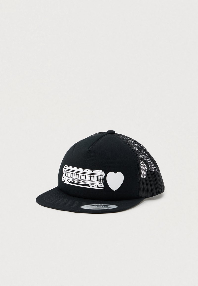 Black mesh snapback cap with front graphic of a streetcar and a heart shape next to it.