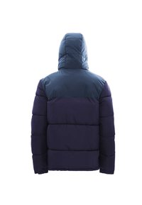 Giacca puffer blu navy con cappuccio. Design trapuntato con una texture liscia. Sezione superiore in una tonalità di blu chiaro, con polsini e fondo elasticizzati.