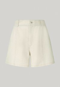 Pantalones cortos de color beige claro con una textura suave, que cuentan con una cinturilla, bolsillos frontales y un cierre de un solo botón. Diseño clásico de corte recto.