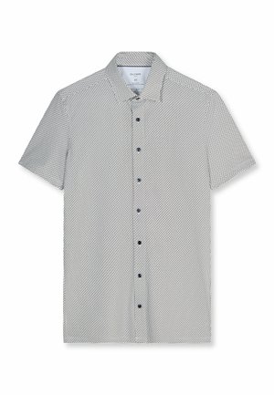 Herrenhemd mit kurzen Ärmeln, kleinem schwarz-weißem geometrischem Muster, spitzem Kragen und schwarzen Knöpfen vorne.