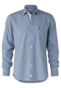 Koszula z długim rękawem z wzorem w kratę w odcieniach granatu i bieli, z klasycznym kołnierzykiem, białymi guzikami oraz małym logo na klatce piersiowej.