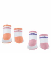 Bunte Socken mit einem weißen Grund, die Pfirsich- und Rosatöne sowie abwechselnde Streifen aufweisen. Weicher Stoff mit gepolsterter Sohle für zusätzlichen Komfort.