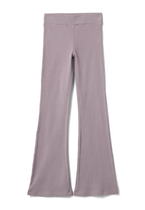 Pantalon en maille côtelée lavande à taille haute et jambes évasées, posé à plat sur un fond blanc.