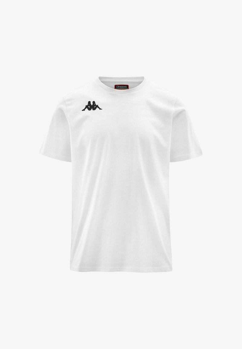 T-shirt en coton blanc avec un col rond, des manches courtes et un logo Kappa noir sur le côté supérieur gauche. Texture lisse, coupe standard.