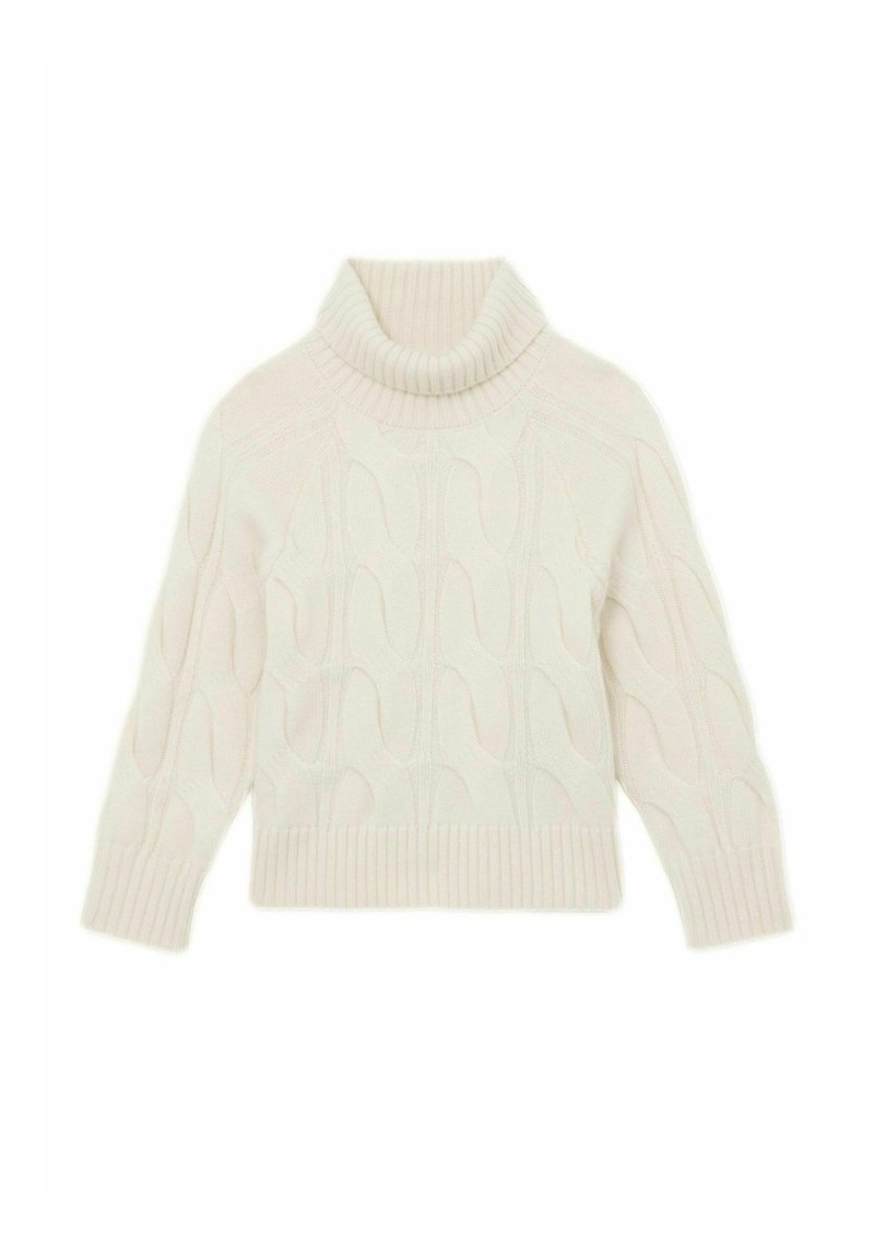 Suéter de cuello alto de punto cableado en suave marfil, con puños y dobladillo acanalados, y un patrón texturizado y ondulado a lo largo del cuerpo.