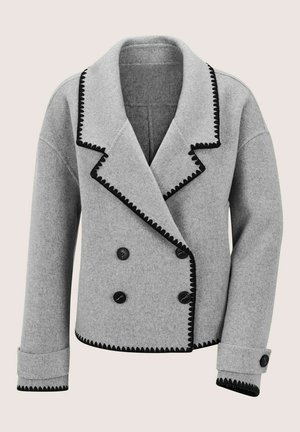 Graue, doppelt knöpfbare Wolljacke mit schwarzem Wellenrand an Kragen, Bündchen und Saum, ausgestattet mit vier schwarzen Knöpfen und umgeschlagenen Bündchen.