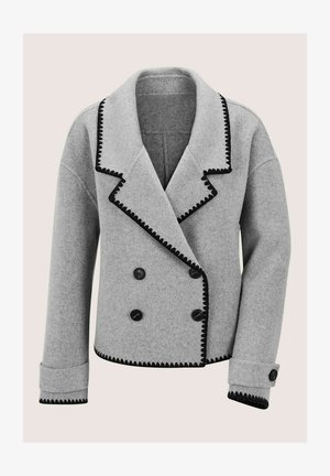 Grijze dubbele-breasted wollen jas met zwarte scalloped afwerking op de kraag, manchetten en zoom, met vier zwarte knopen en opgerolde manchetten.