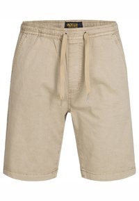 Shorts en coton beige avec une taille élastique et des cordons de serrage. Comprend des poches latérales, une coupe décontractée et des détails de couture visibles.