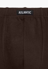 Brązowe bawełniane bokserki o gładkiej teksturze, z elastycznym paskiem w talii z napisem "ATLANTIC" w białym kolorze na czarnym tle.