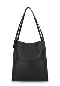 Black leather shoulder bag with a slouchy design, flat base, and long strap. Features a subtle exterior pocket and smooth texture.