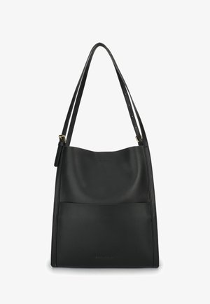 Schwarze Ledertasche mit schlaffem Design, flachem Boden und langem Träger. Verfügt über eine dezente Außentasche und eine glatte Textur.