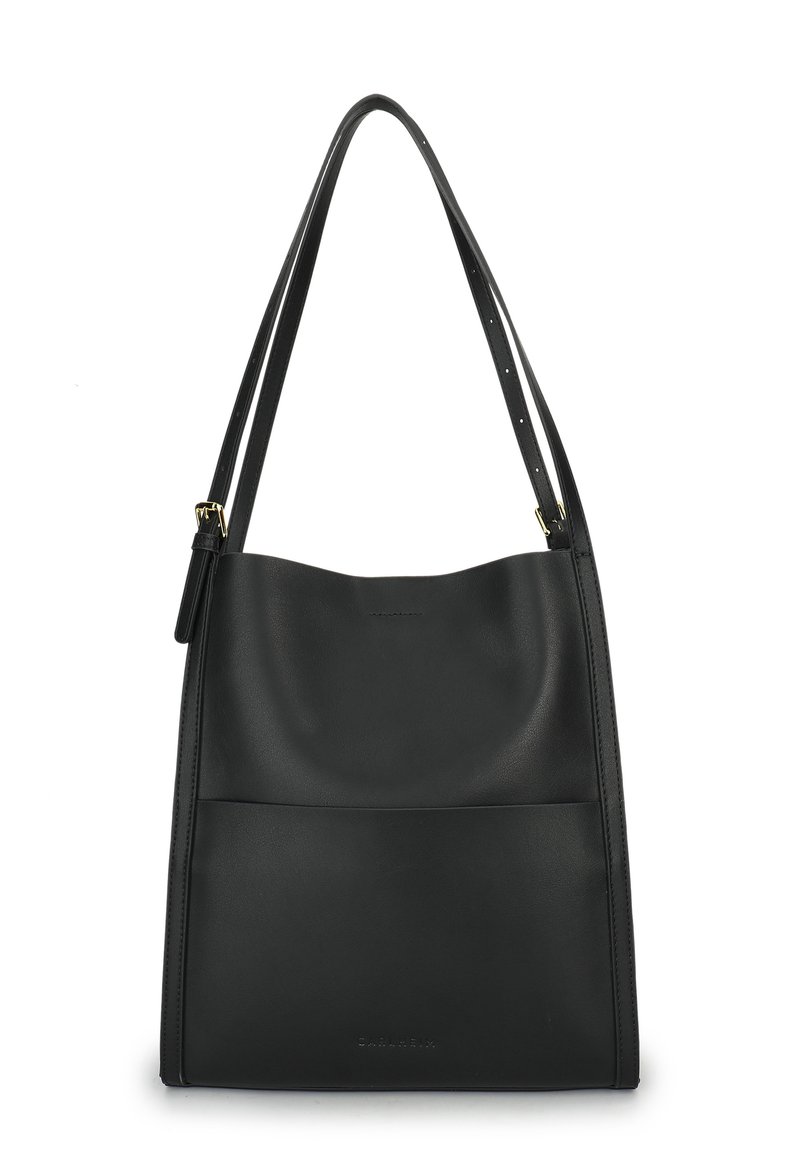 Black leather shoulder bag with a slouchy design, flat base, and long strap. Features a subtle exterior pocket and smooth texture.