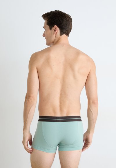 Bărbat cu părul scurt și închis la culoare, stând cu spatele, purtând boxeri de culoare verde deschis cu un elastic negru, pe un fundal alb simplu.