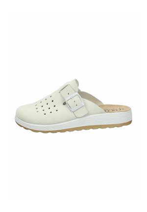 Zoccolo bianco in suede con perforazioni e una fascia regolabile. Soletta intermedia bianca spessa con superficie strutturata e suola in gomma naturale.