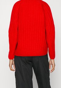 Roter gerippter Pullover mit Rundhalsausschnitt, langen Ärmeln und eng anliegendem Bund. Die Textur wirkt weich mit leichtem Glanz vor einem schlichten Hintergrund.