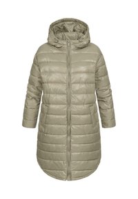 Parka beige chiaro con cappuccio, caratterizzata da cuciture orizzontali, una cerniera frontale completa e tasche laterali. Texture liscia e lucida.