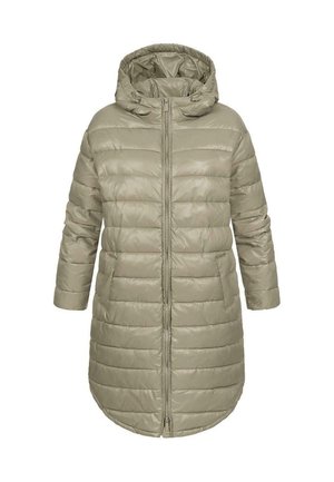Helles beige Puffer-Jacke mit Kapuze, horizontalen Nähten, einem kompletten Frontreißverschluss und Seitentaschen. Glatte, glänzende Textur.