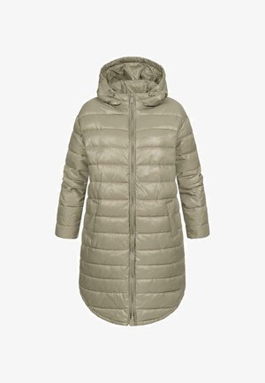 Lys beige pufferjakke med hætte, med vandret syninger, en fuld frontlynlås og sidelommer. Glat, skinnende tekstur.