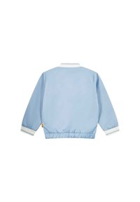 Veste bomber bleu clair en matériau lisse et léger. Dotée d'un col et de poignets côtelés blancs, d'une taille élastique et sans embellissements visibles.