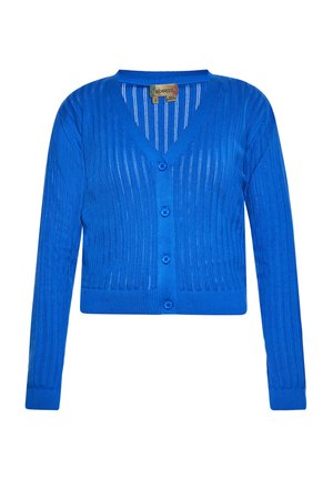 Kék bordás kardigán V-nyakkal, hosszú ujjakkal, gombos elülső résszel és vízszintes csíkokkal. Puha, könnyű anyagból készült.