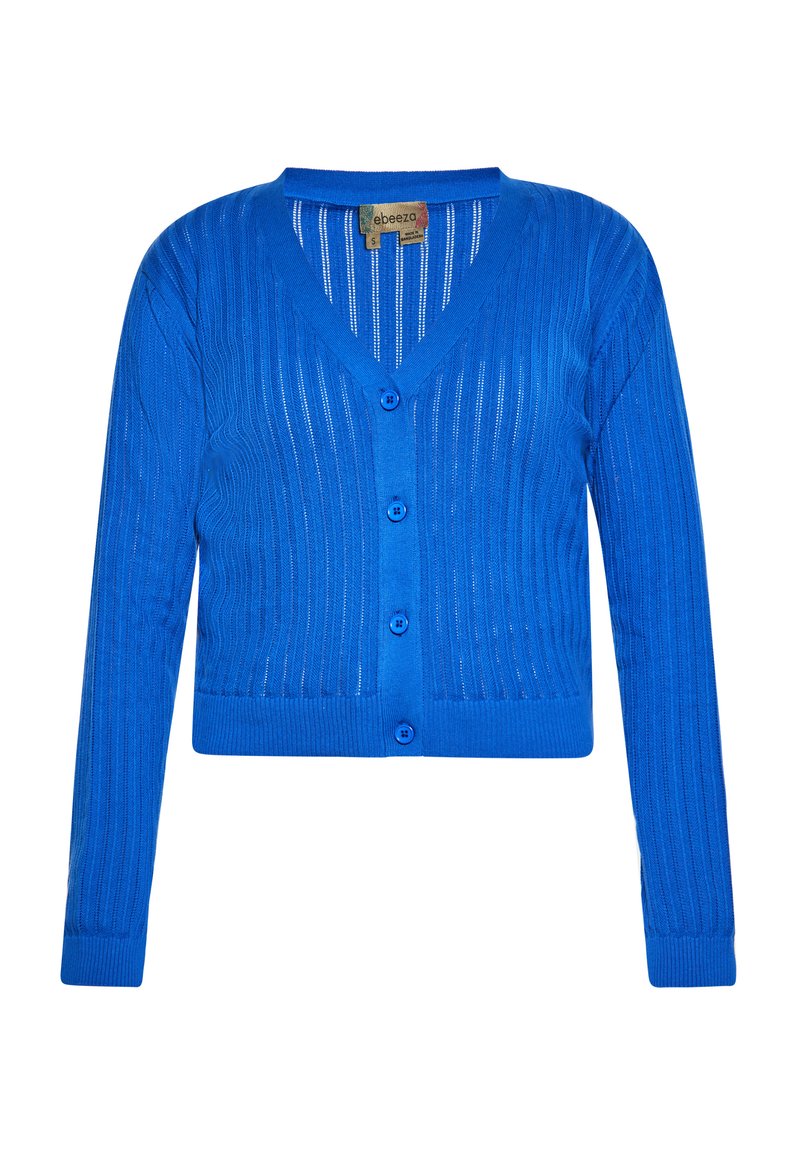 Niebieski sweter z prążkowanej wełny z dekoltem w serek, długimi rękawami, zapięciem na guziki i poziomymi paskami. Wykonany z miękkiego, lekkiego materiału.