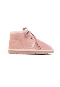 Stivali alla caviglia in suede rosa con punta arrotondata, design con lacci e morbida fodera interna. Presentano una suola in gomma con piccoli battistrada.