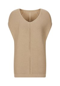 Gilet beige en tricot sans manches avec un col en V et un motif texturé vertical au centre devant.