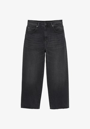 Črne široke kavbojke z visokim pasom, z gumbi in zadrgo spredaj, z zankami za pas ter sprednjimi in zadnjimi žepi.