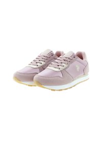 Rosa Sneakers mit einer Mischung aus glatten und Wildledertexturen, weißer Zwischensohle und Gummirau outsole. Enthält ein Schnürdesign und Logodetail.