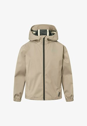 Giacca leggera beige con cappuccio e cerniera frontale. Presenta polsini elasticizzati e un accento a quadri neri sull'orlo. Texture liscia.